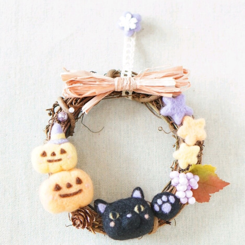 羊毛フェルト ミニリース 黒猫 〔受注製作〕羊毛フェルト 黒猫ちゃん