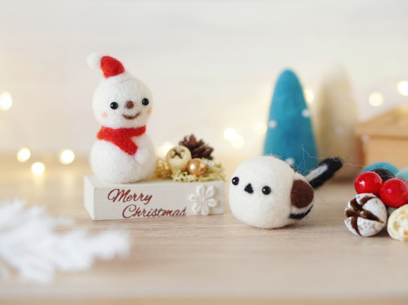 creema限定☆シマエナガさんと一緒✾雪だるまさんのナチュラル羊毛雑貨