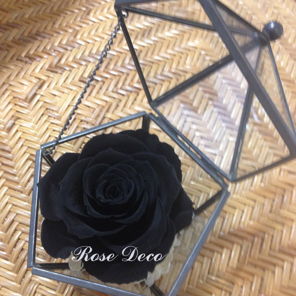 《訂製品》 五角形玻璃珠寶盒  天鵝黑  不凋玫瑰花 第2張的照片