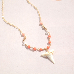 シャークトゥース(サメの歯)ネックレス ピンクコーラル＊ホワイトトパーズ 2枚目の画像