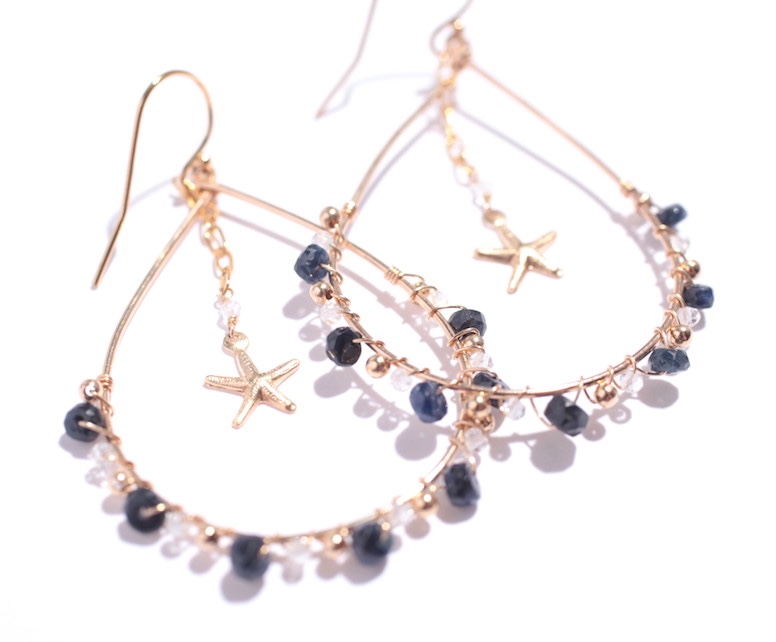 大人カラー＊大きめドロップフープのサファイアピアス＊(k14gf)
