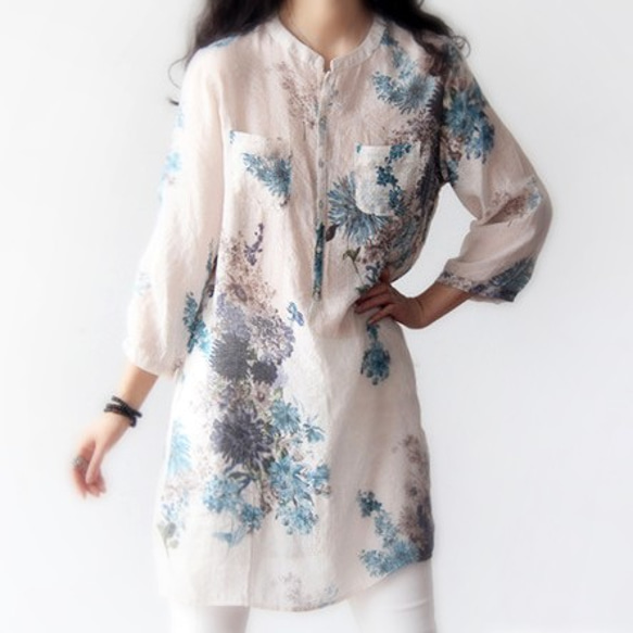 50%OFF 対象　B4 シャツ ブラウス ロングシャツ 花柄 ロング丈 カジュアル 柄シャツ 七分袖 チュニック 4枚目の画像