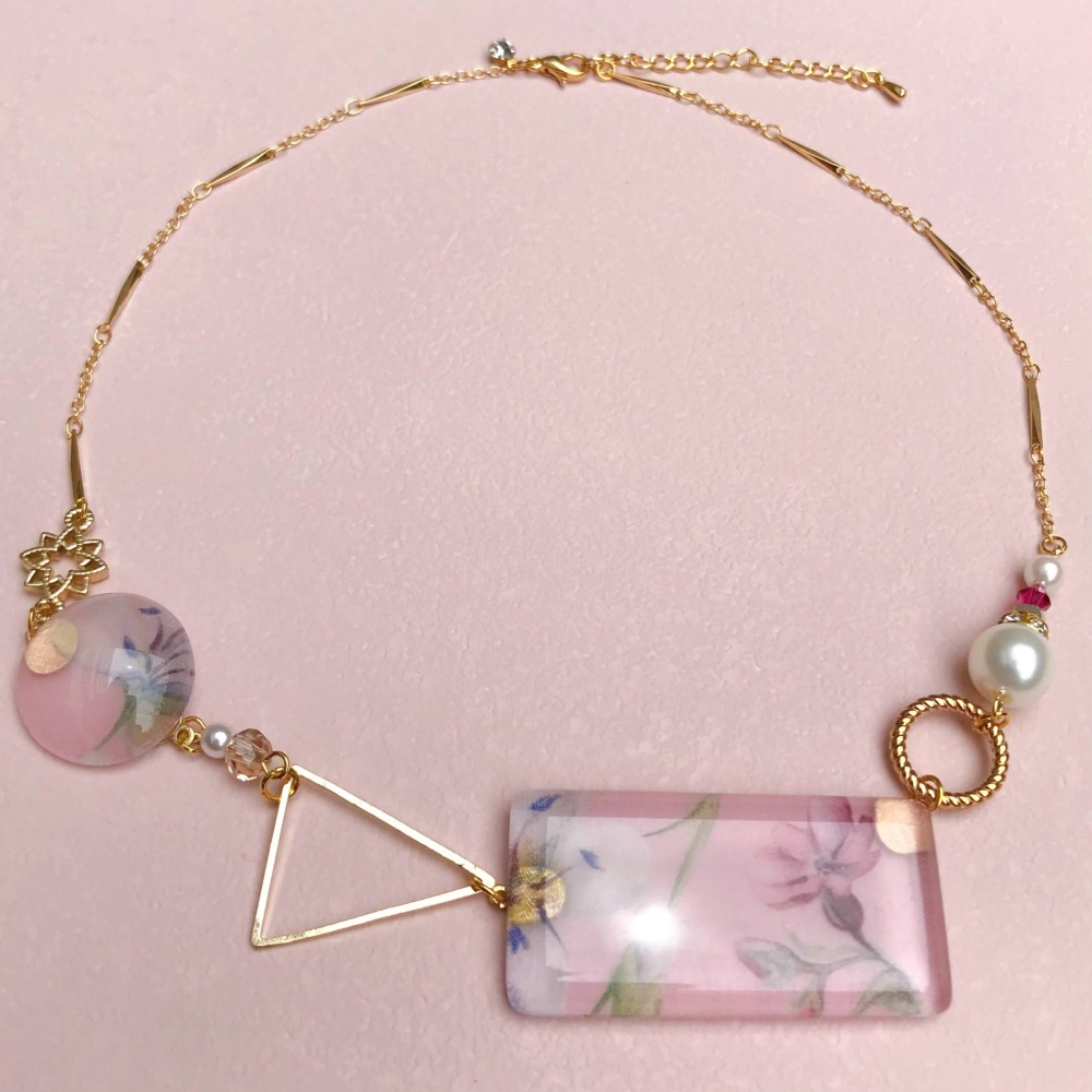 【1点もの】リバティプリント×ガラスカボション　ネックレス　14-N2