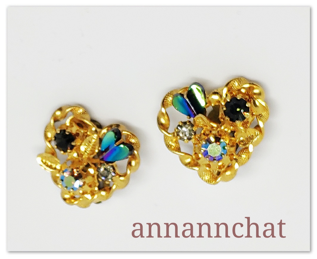 【ビンテージ　ラインストーン　ブルー　ゴールド　イヤリング 】オーストリア