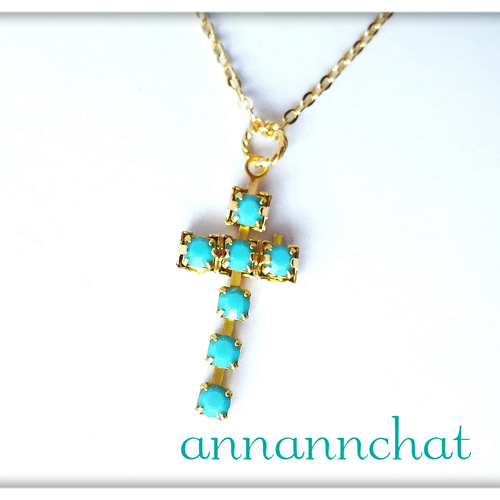 オーストリア製 スワロフスキ― cross クロス ネックレス】ターコイズ