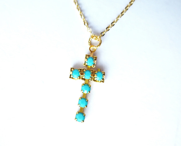 【チェコ製　チェコガラス　cross クロス　ネックレス】ターコイズ　十字架 4枚目の画像