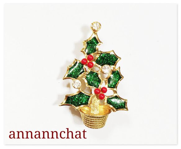 ビンテージ エナメル ラインスト―ン クリスマスツリーの ブローチ