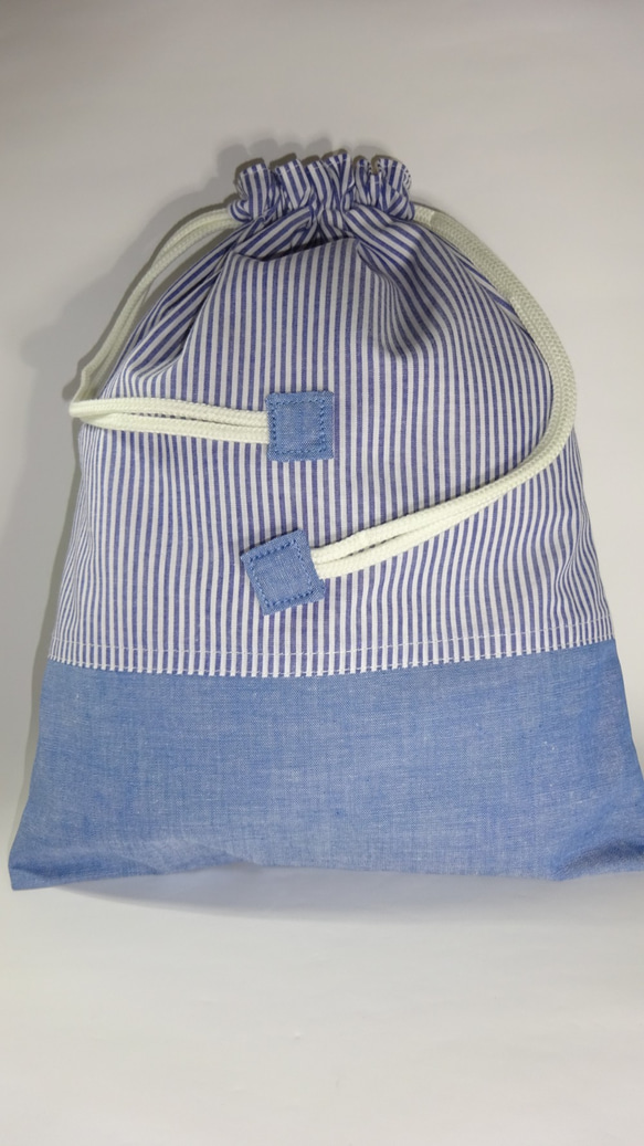 【数量限定】中サイズ　ブルーストライプ&ブルーダンガリーのシンプル巾着袋（32×25） 8枚目の画像