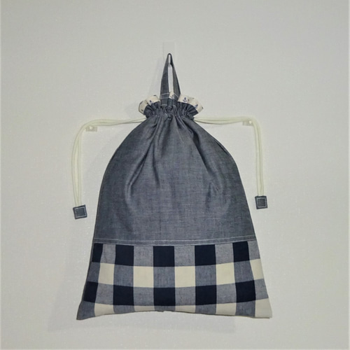 42×32 藍のブロックチェック＆ダークネイビー＆内布イカリ柄の大きな 