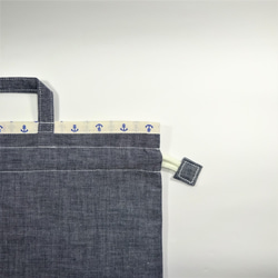 42×32 藍のブロックチェック＆ダークネイビー＆内布イカリ柄の大きな巾着　 5枚目の画像
