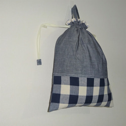 42×32 藍のブロックチェック＆ダークネイビー＆内布イカリ柄の大きな巾着　 7枚目の画像