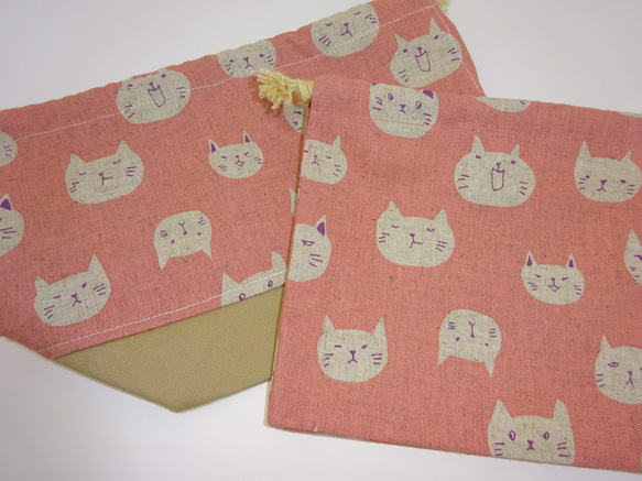 入園３点セット　ピンクの猫ちゃん柄の弁当袋　コップ袋　ランチマット 2枚目の画像