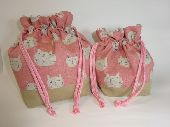 ピンク猫ちゃんの入園2点セット　弁当袋　コップ袋　巾着 2枚目の画像