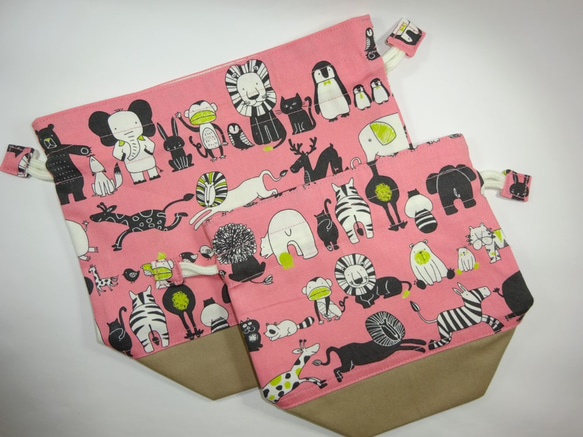 【ラスト】2点ランチセット　ループエンドが可愛い♪ピンク動物柄のお弁当袋・コップ袋　入園入学　女の子 アニマル 4枚目の画像
