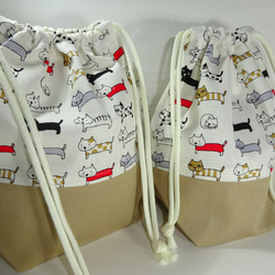 2点セット「にゃんこ！」のお弁当袋＆コップ袋巾着　一枚仕立て　ご入園ご入学　猫ちゃんファンの女の子男の子 5枚目の画像