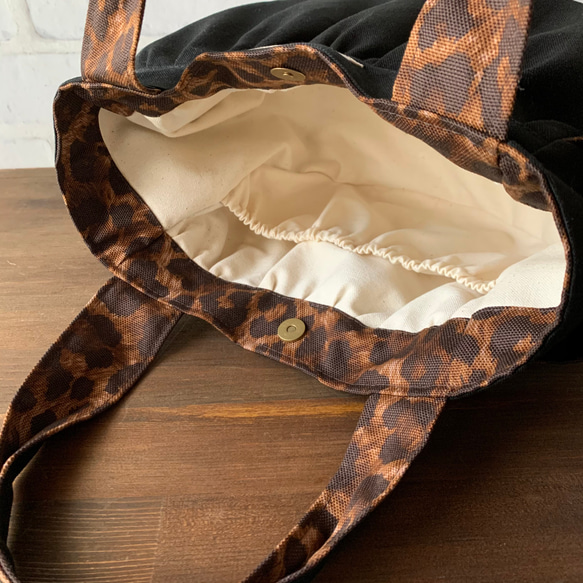 帆布のkororinトート　黒×レオパード 4枚目の画像