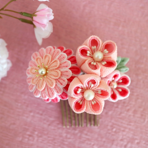 ちりめんつまみ細工のかんざし*春色の花の髪飾り かんざし つまみ細工