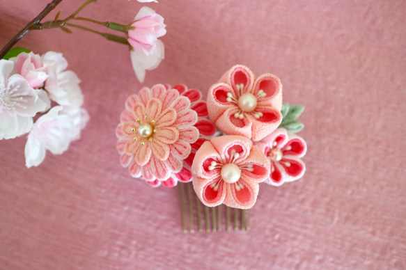 ちりめんつまみ細工のかんざし*春色の花の髪飾り かんざし つまみ細工