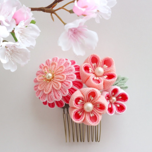 ちりめんつまみ細工のかんざし*春色の花の髪飾り かんざし
