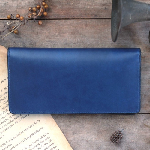 特別オーダー品・藍染革[migaki] 薄型長財布（右チャック