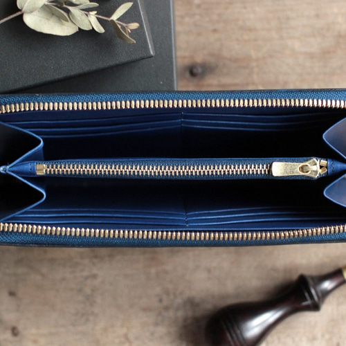 藍染革[migaki] ラウンドファスナー長財布【江戸小紋・円角(enkaku