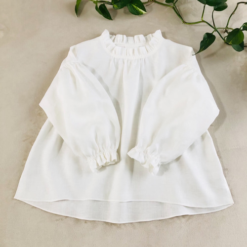 再販5リネン新作♪フリル衿のふんわりギャザー袖のブラウス白 ブラウス