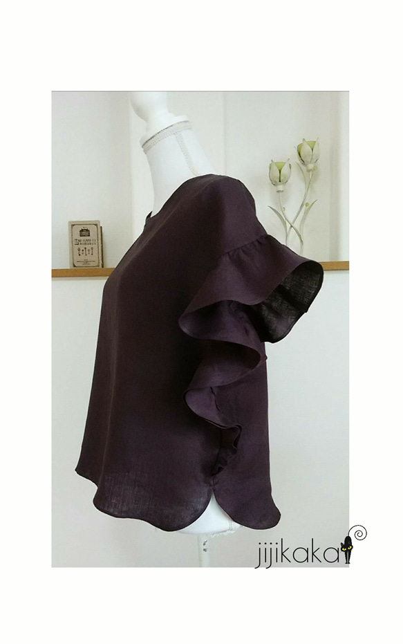 【再販10】リネン  大人可愛い裾までフリル袖ブラウス グレープ(受注製作) 1枚目の画像