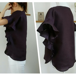 【再販10】リネン  大人可愛い裾までフリル袖ブラウス グレープ(受注製作) 4枚目の画像