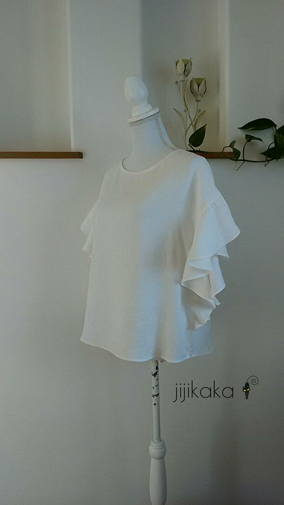 (再販10♡リネン大人素敵なフリル袖ブラウス白 5枚目の画像