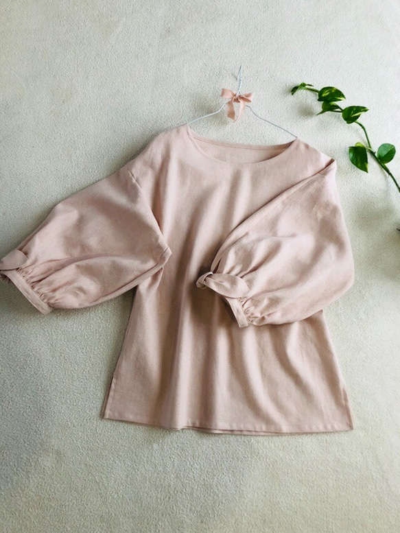 ハーフリネン桜色バルーンカフスリボン袖のプルオーバーピンク 7枚目の画像