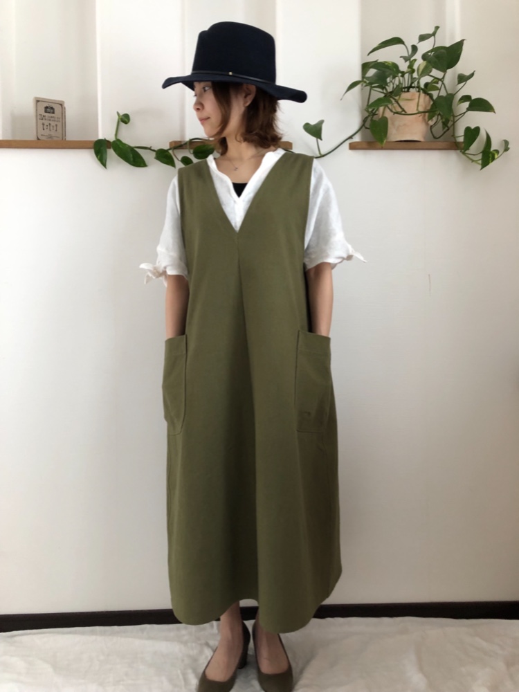 （再販8❣️）綿麻Ｖネックのシンプルサロペットワンピースオリーブグリーン・ミディアムグレー、ネイビー