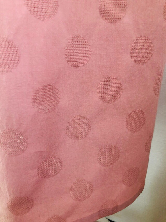 綿麻ドットジャガード大人素敵なフリル袖のＡラインワンピーススモーキーピンク 5枚目の画像