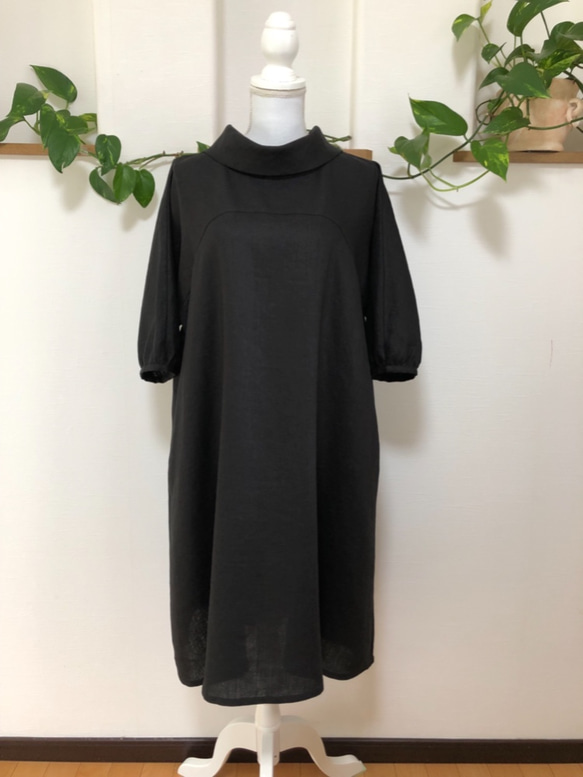 再販9♡リネンロールカラードルマン袖のワンピース黒 ワンピース  