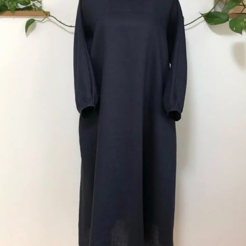 再販9♡リネンロールカラードルマン袖のワンピース黒 ワンピース  