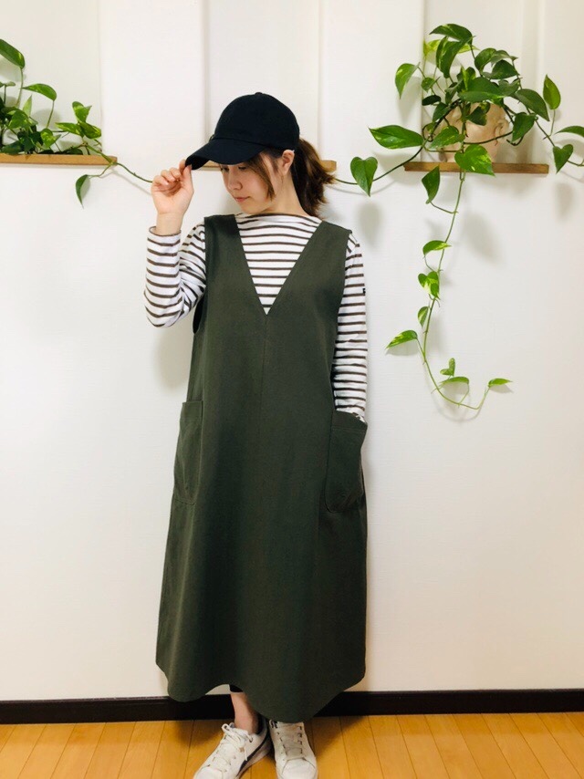 (再販）【選べるカラー】綿麻別売り共布サッシュベルト♪Ｖネックのシンプルサロペットワンピースダークカーキ