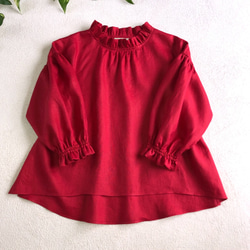（再販）リネンフリル襟のふんわり袖のブラウス赤 1枚目の画像