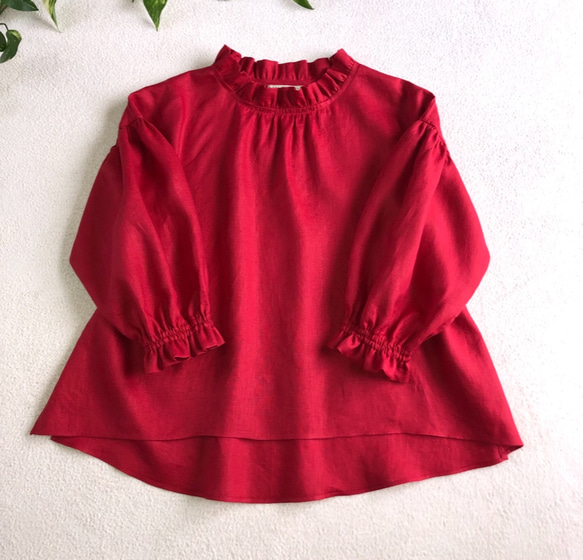 （再販）リネンフリル襟のふんわり袖のブラウス赤 1枚目の画像
