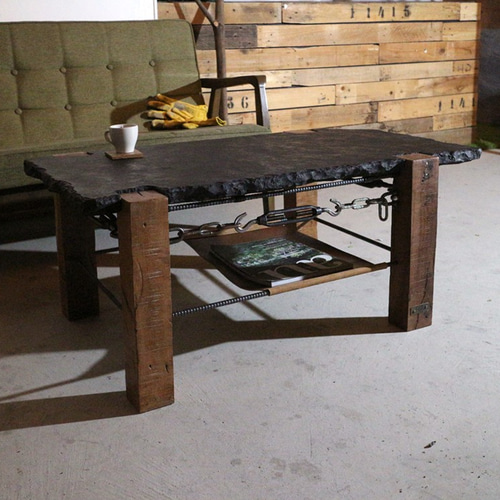 木」と「鉄」と「石」と「革」のコーヒーテーブル001 ローテーブル