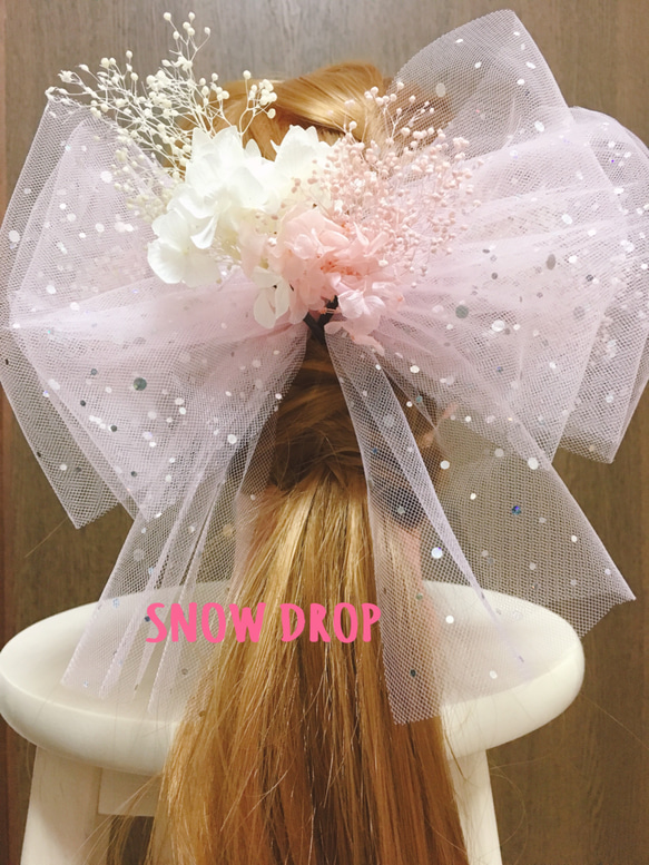 ピンク☆ホログラムチュールリボン♡ヘッドドレス♡結婚式 
