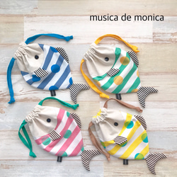 お魚巾着　リクエスト　ネオンボーダー　カレイ お魚ポシェット ドット×ボーダー ベビー服 musica de monica