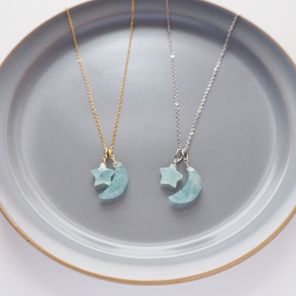 【選べる金具】星×月 アクアマリン ペンダント