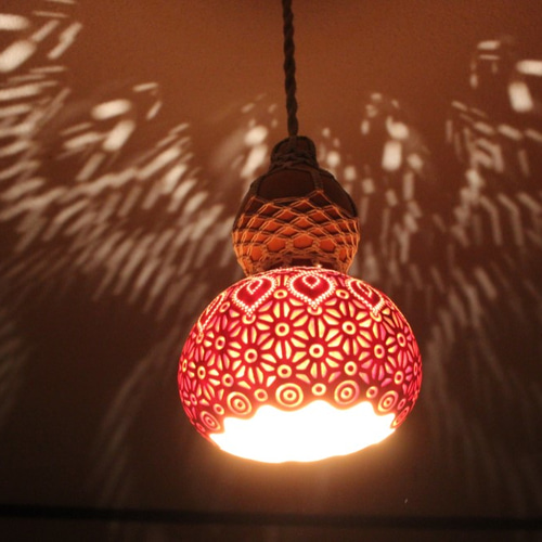 天井ペンダントひょうたんランプ＃8 麻柄透かし彫り シーリング