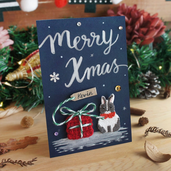 限量聖誕節手工客製明信片-雪地裡的兔子與禮物 第3張的照片