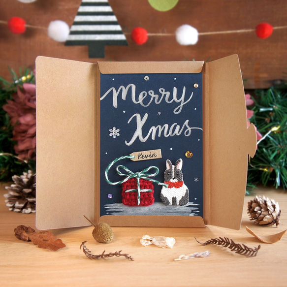 限量聖誕節手工客製明信片-雪地裡的兔子與禮物 第4張的照片