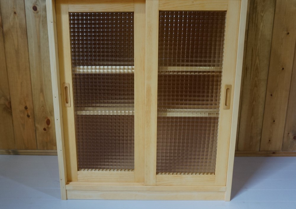 ハンドメイド食器棚 レンジ台 オーダー可 チェッカーガラスキャビネット 引き戸キャビネット