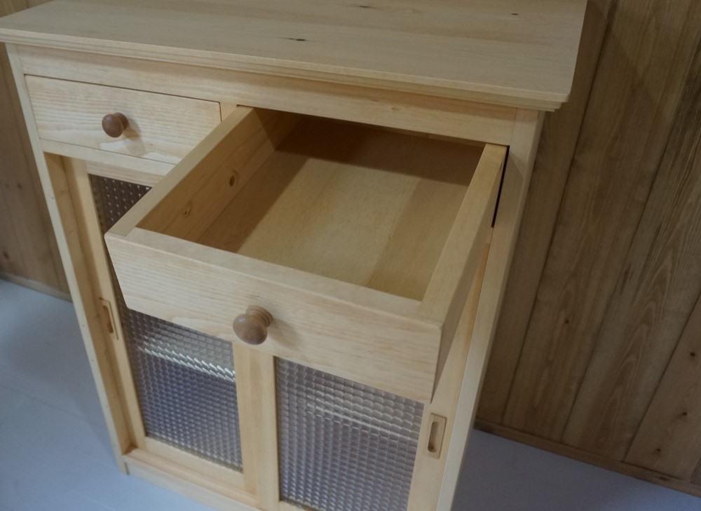 ハンドメイド食器棚 レンジ台 オーダー可 チェッカーガラスキャビネット 引き戸キャビネット