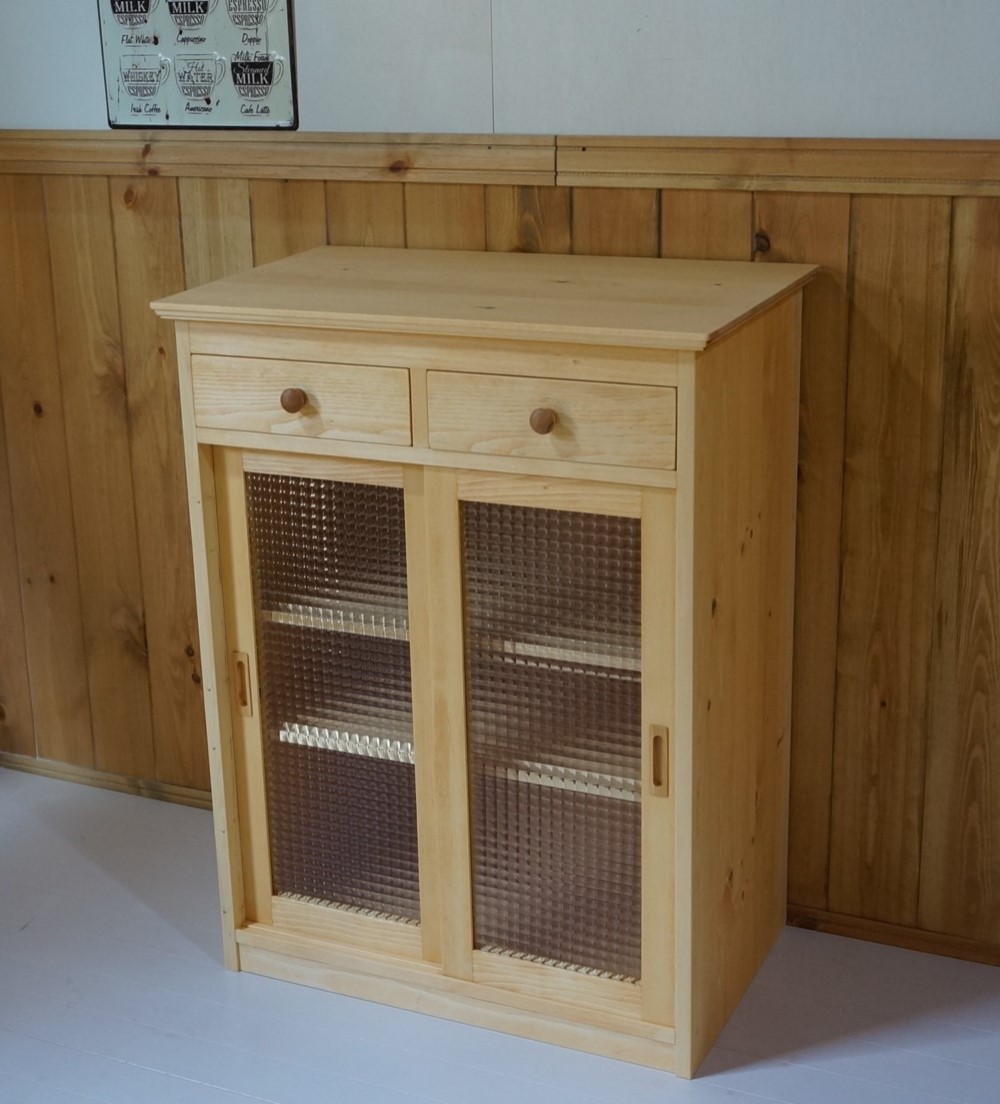 ハンドメイド食器棚 レンジ台 オーダー可 チェッカーガラスキャビネット 引き戸キャビネット