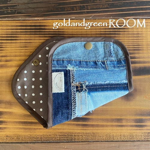 マスクケース ポケット付き ブラウンドット柄 デニムリメイク 381  