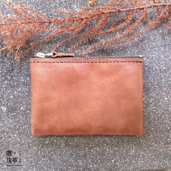 【Xuan Leather選。皮革】夾層拉鍊錢包［爆裂紋茶色］ykk金色拉鍊零錢包真皮 第1張的照片