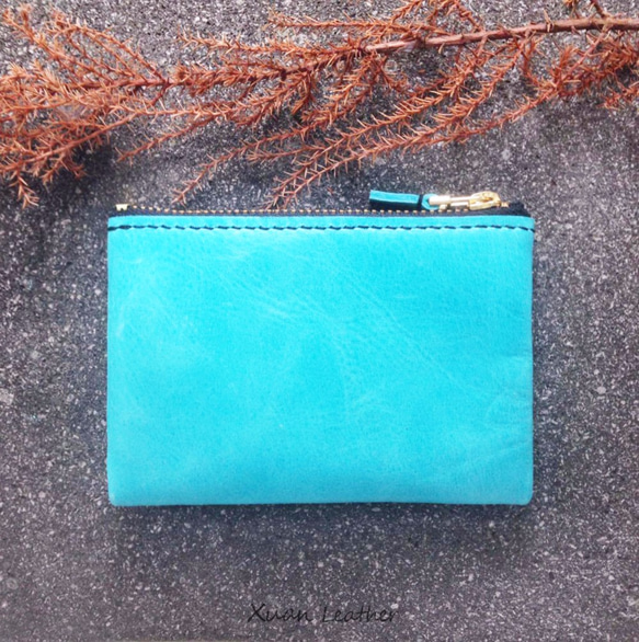 【Xuan Leather選。皮革】夾層拉鍊錢包［波紋水藍］ykk金色拉鍊零錢包真皮 第1張的照片